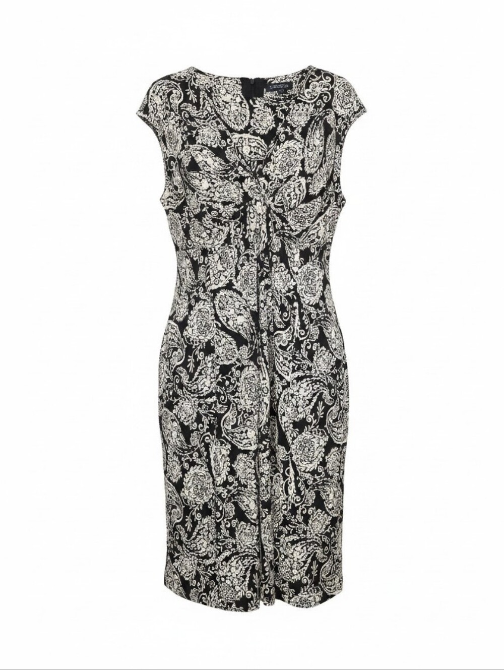 Chaps Ralph Lauren Dress Black White Paisley Size 18W Stretch Ruched Faux Wrap